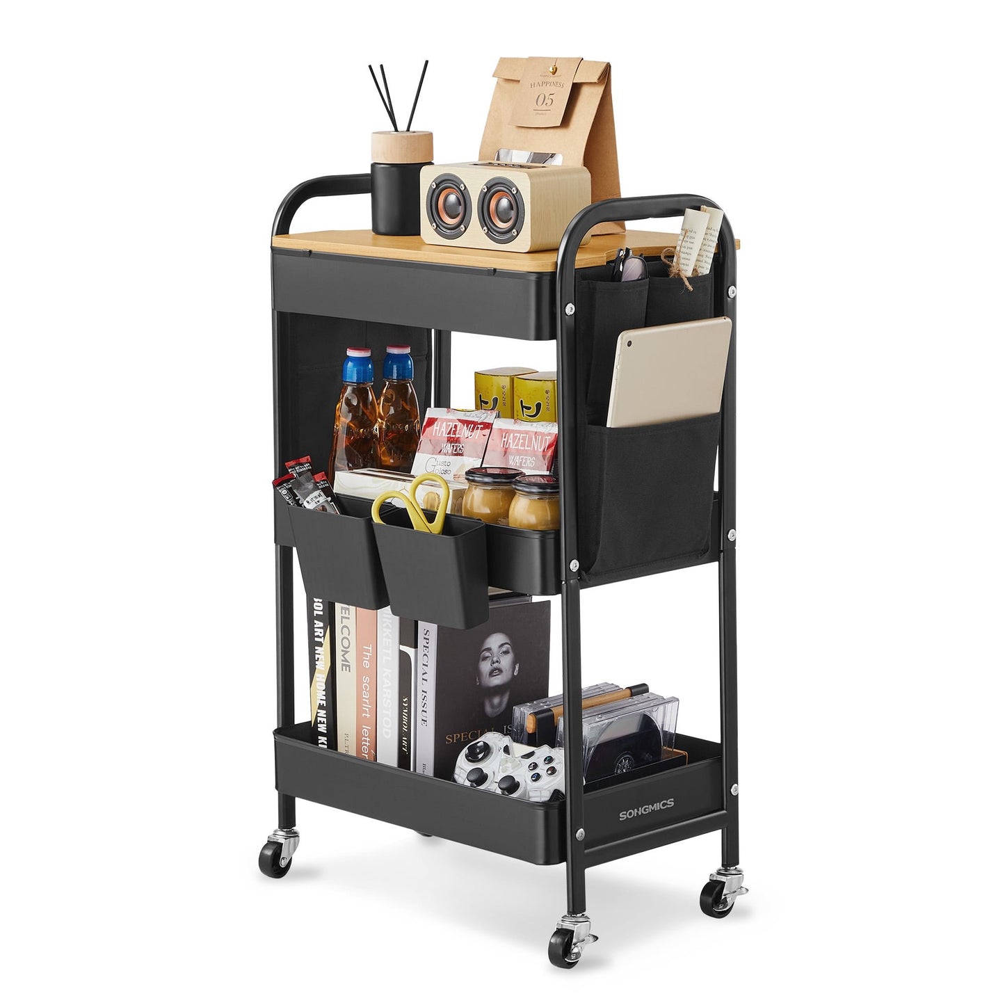 SONGMICS 3-Tier Storage Cart, Rolling Utility Cart with Table Top, 2 Removable Hanging Cups, 6 Side Pockets, Craft Cart for Living Room, Office, Kitchen, Bathroom, Ink Black