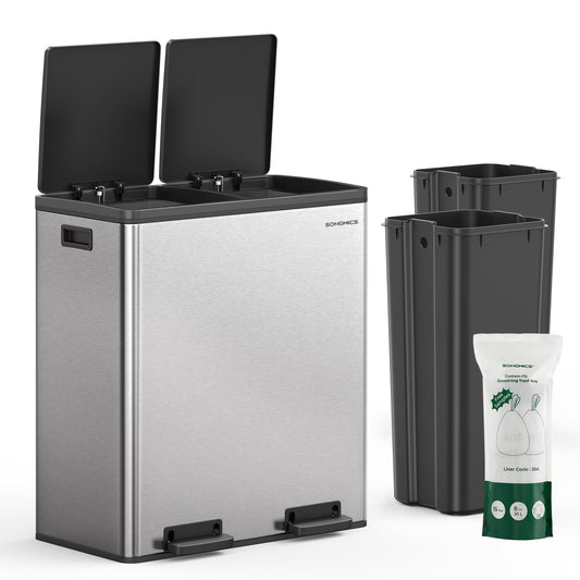 SONGMICS 16-Gallon Trash Can, Garbage Can for Kitchen, with 15 Trash Bags, 2 Compartments, Plastic Inner Buckets and Hinged Lids, Airtight