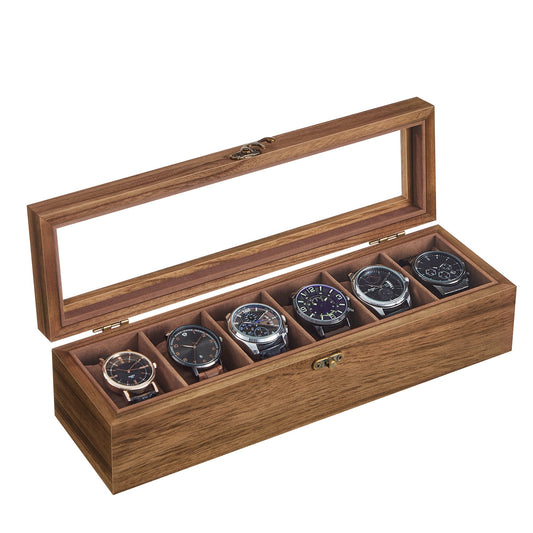 6-Slot Watch Box, 4"D x 13.8"W Wood Watch Box Organizer with Glass Lid, Rustic Walnut