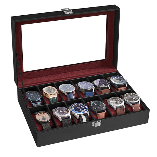 Watch Box, 12-Slot Watch Case with Large Glass Lid, 8”D x 11.9”W Watch Box Organizer, Black and Red