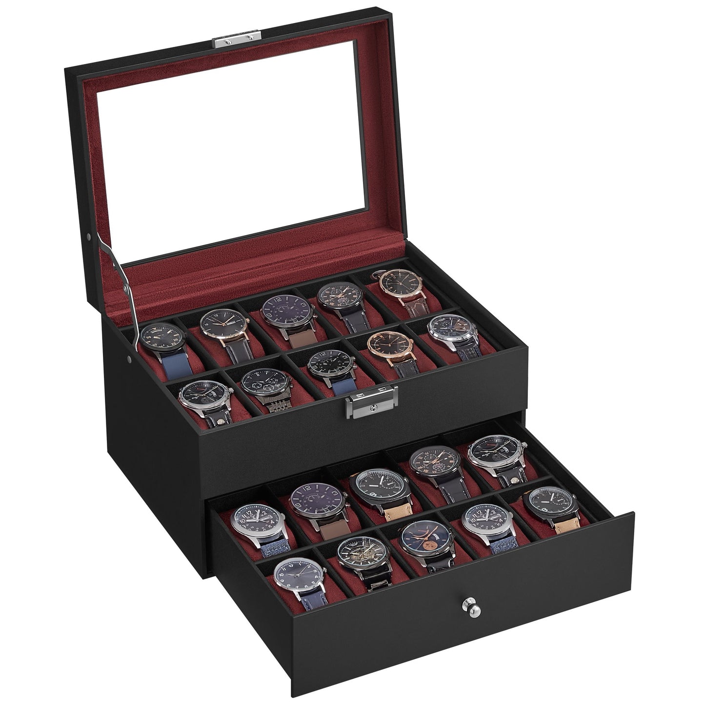 20-Slot Watch Box, Watch Case with Glass Lid, 2 Layers, Lockable Watch Display Case, Black and Red