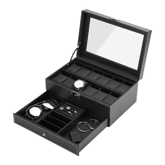 12-Slot Watch Box, 2 Layers Lockable Watch Case with Glass Lid with 1 Drawer