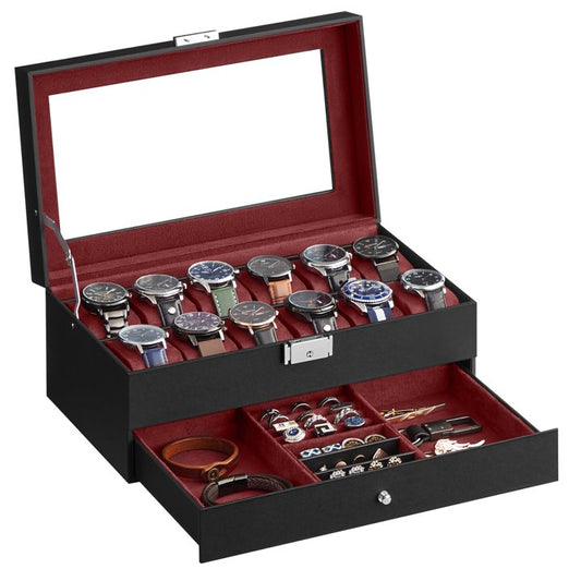 12-Slot Watch Box, 2 Layers Lockable Watch Case with Glass Lid with 1 Drawer