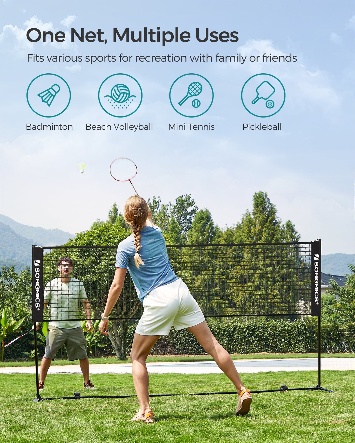 SONGMICS Adjustable 10ft Badminton Volleyball Pickleball Net for Kids Adults, Portable Nylon Training Net with Poles, Indoor Outdoor Sports, Black