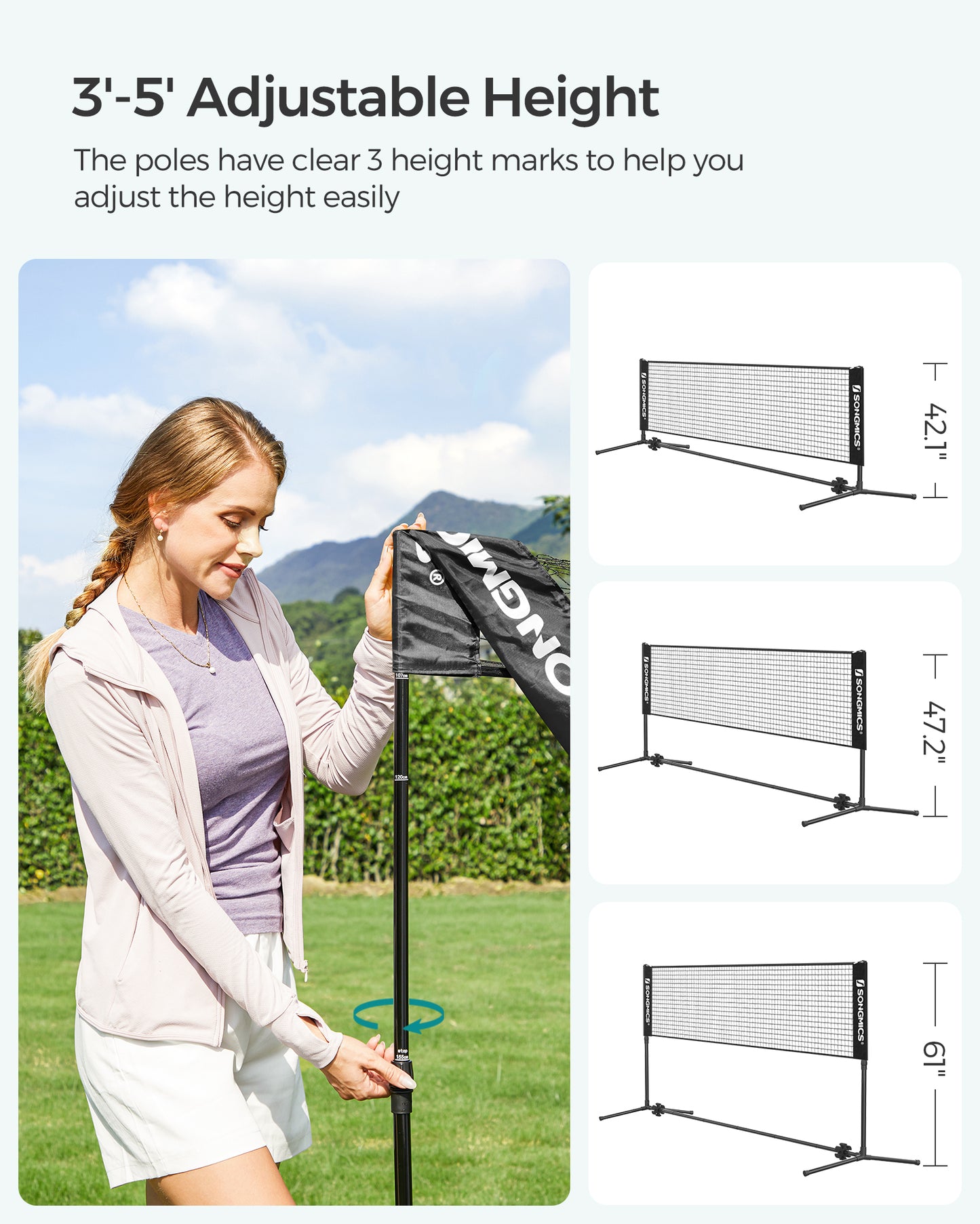 SONGMICS Adjustable 10ft Badminton Volleyball Pickleball Net for Kids Adults, Portable Nylon Training Net with Poles, Indoor Outdoor Sports, Black