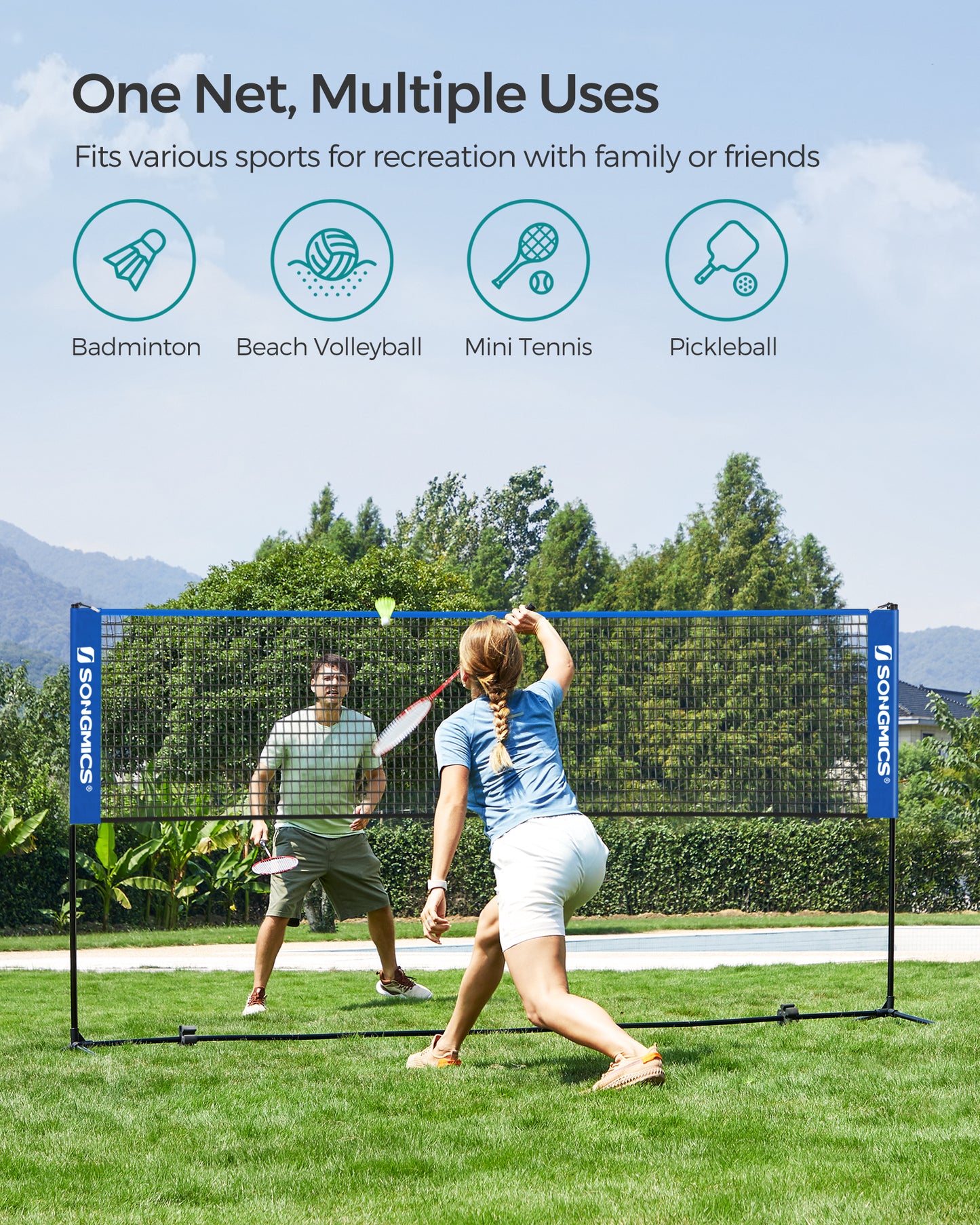 SONGMICS Adjustable 10ft Badminton Volleyball Pickleball Net for Kids Adults, Portable Nylon Training Net with Poles, Indoor Outdoor Sports, Blue