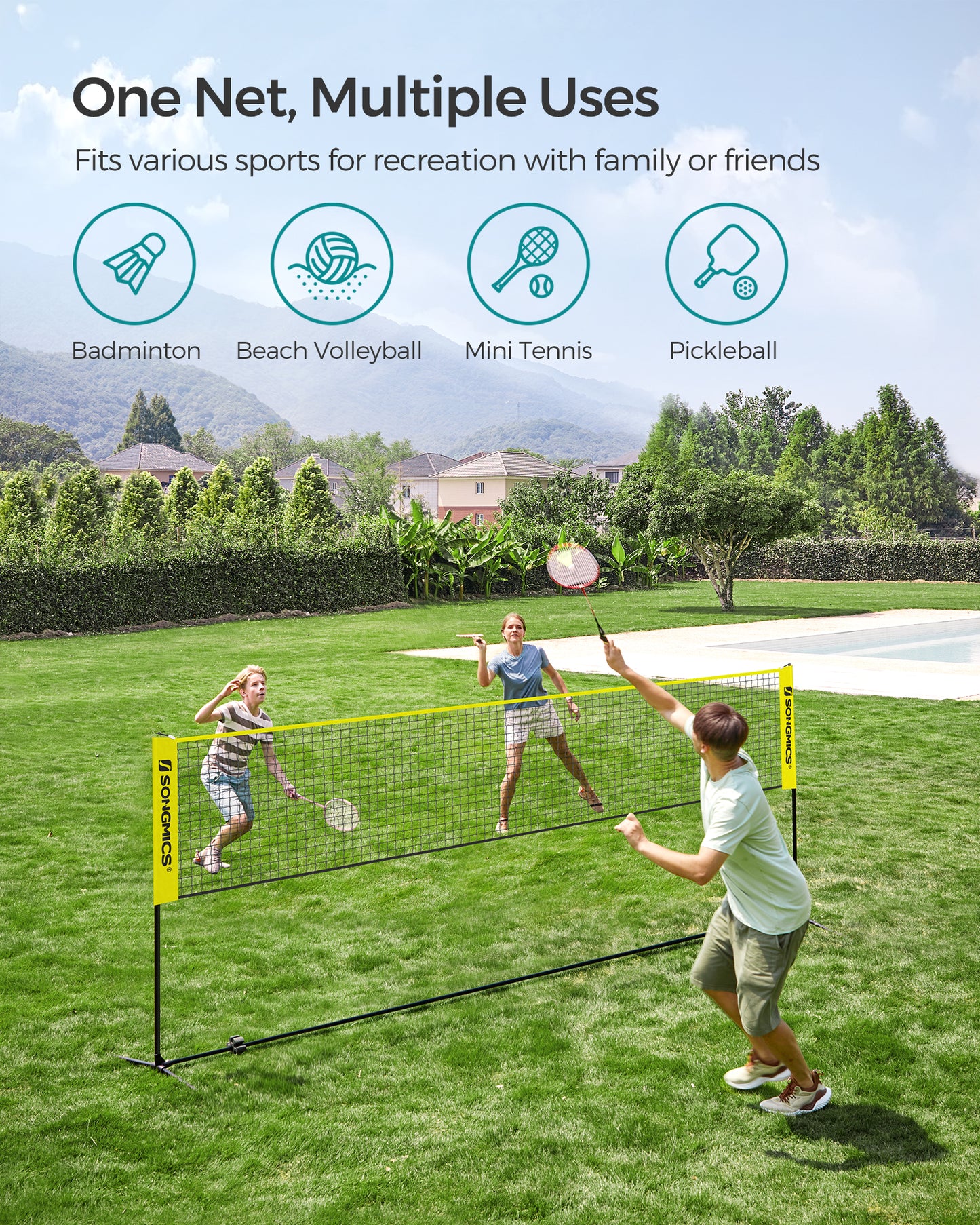 SONGMICS 13 ft Badminton Net, Height Adjustable Volleyball Net, Pickleball Net with Poles, Foldable Nylon Net, Yellow and Black