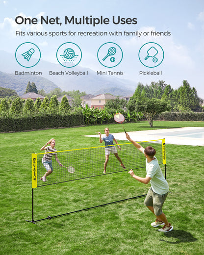 SONGMICS 13 ft Badminton Net, Height Adjustable Volleyball Net, Pickleball Net with Poles, Foldable Nylon Net, Yellow and Black