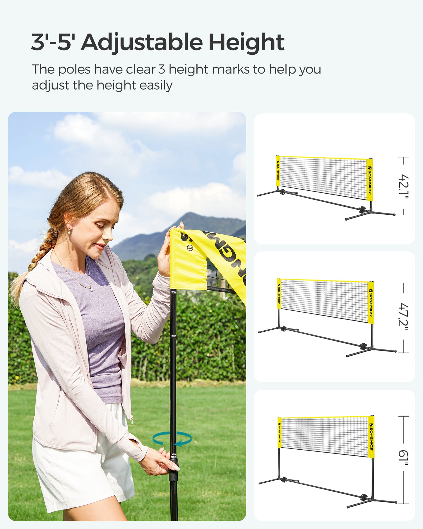 SONGMICS 13 ft Badminton Net, Height Adjustable Volleyball Net, Pickleball Net with Poles, Foldable Nylon Net, Yellow and Black