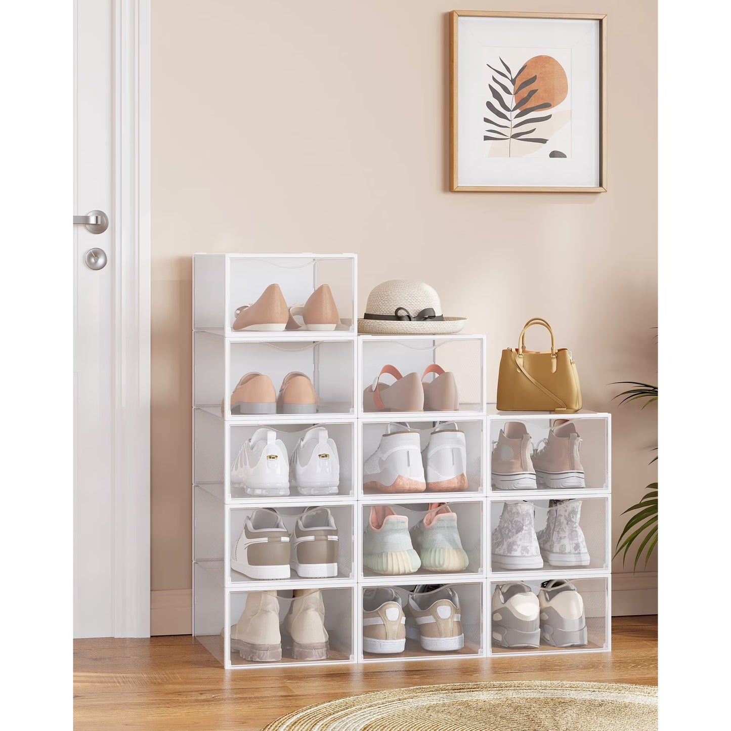 Set of 12 Stackable Plastic Shoe Boxes with Doors. Transparent & Cloud White. Easy Assembly. 9.1x13.1x5.6 Inches. Fits Shoes up to US Size 13