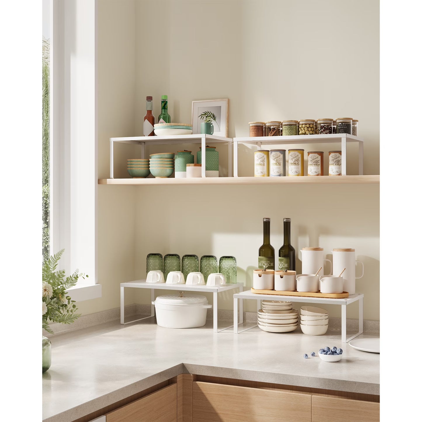 Set of 2 Metal Kitchen Counter Shelves - Stackable, Expandable Spice Racks, Cabinet & Countertop Organizers, Shelf Risers for Space Saving, White