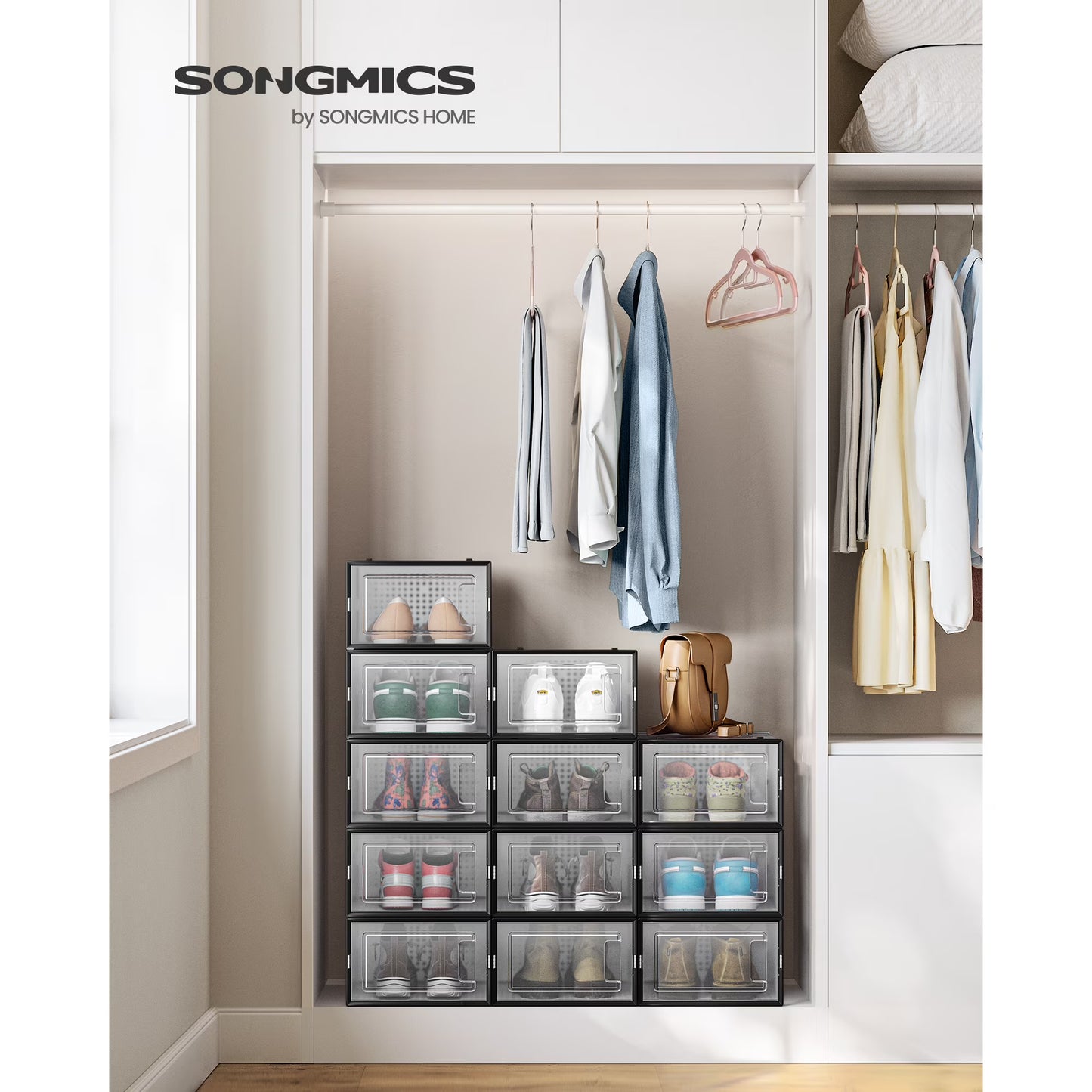 SONGMICS Shoe Boxes, Pack of 12 Shoe Storage Organizers, Stackable Clear Plastic Boxes for Closet, Sneakers, 13.1 x 9.1 x 5.6 Inches, Transparent and Black