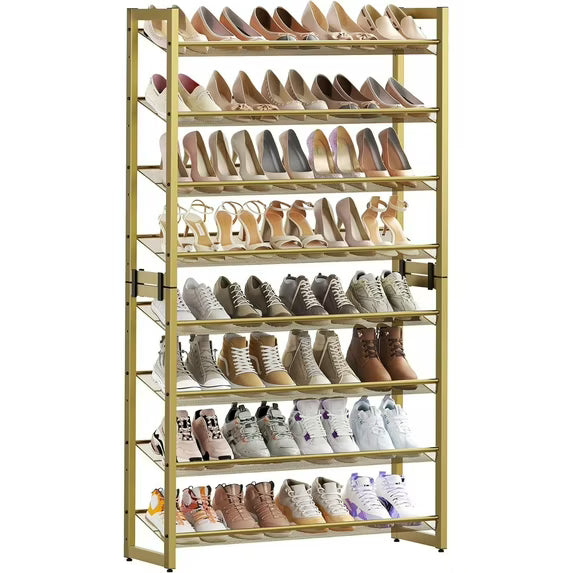 Shoe Rack, 8-Tier Shoe Organizer, Metal Shoe Storage for Garage, Entryway, Set of 2, 4-Tier Stackable Shoe Shelf, with Adjustable Flat or Angled Shelves, 32-40 Pairs, Pale Gold