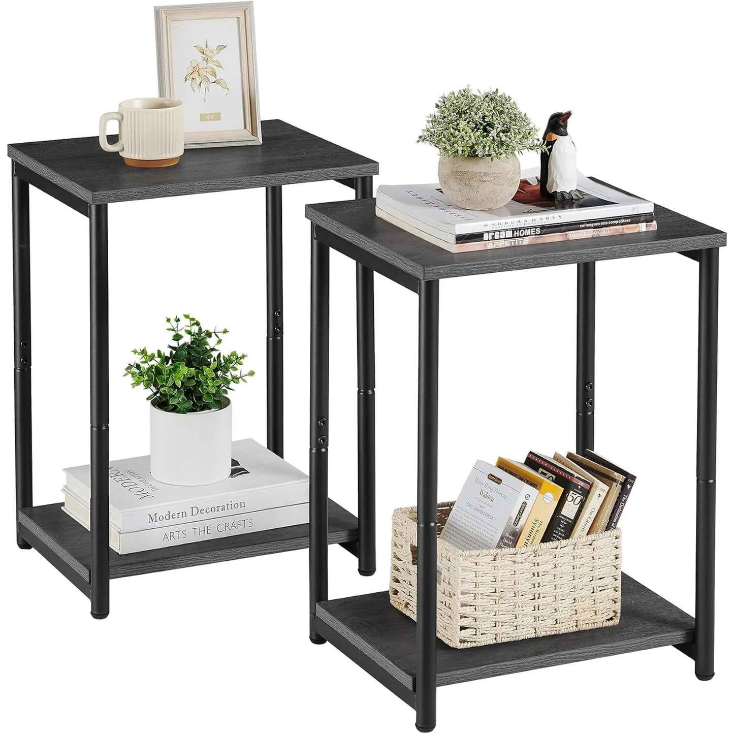 Side Tables Set of 2 Small End Table Nightstand for Living Room Bedroom Rectangle Misty Gray and Classic Black