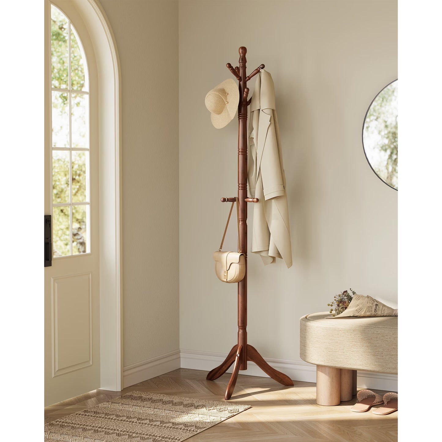 Solid Wood Coat Rack and Stand, Free Standing Hall Coat Tree with 10 Hooks for Hats, Bags, Purses, for Entryway, Hallway, Rubberwood