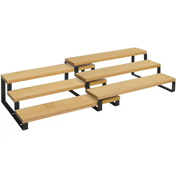 Spice Rack, Set of 2 Cabinet Shelf Organizers 3-Tier Natural-Black