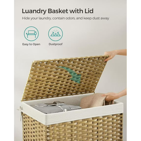 Storage Basket with Lid 27.7 Gallon Storage Bin Woven Blanket Storage Basket with Handles Foldable for Bedroom, Laundry Room, Natural