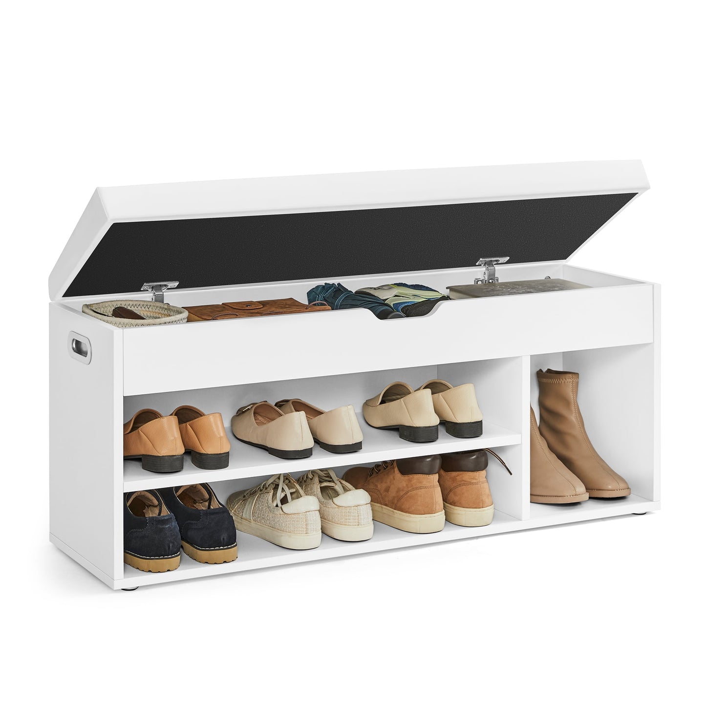 Storage Bench with Cushioned Seat, 3 Compartments, Hidden Storage, Shoe Shelves - Versatile Hallway and Bedroom Organizer, Cloud White