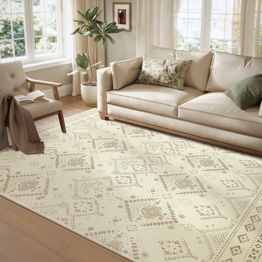 Boho Chic 6x9 ft Area Rug - Soft Non-Slip Carpet for Home Decor, Machine Washable, Bedroom or Living Room, Sand Beige
