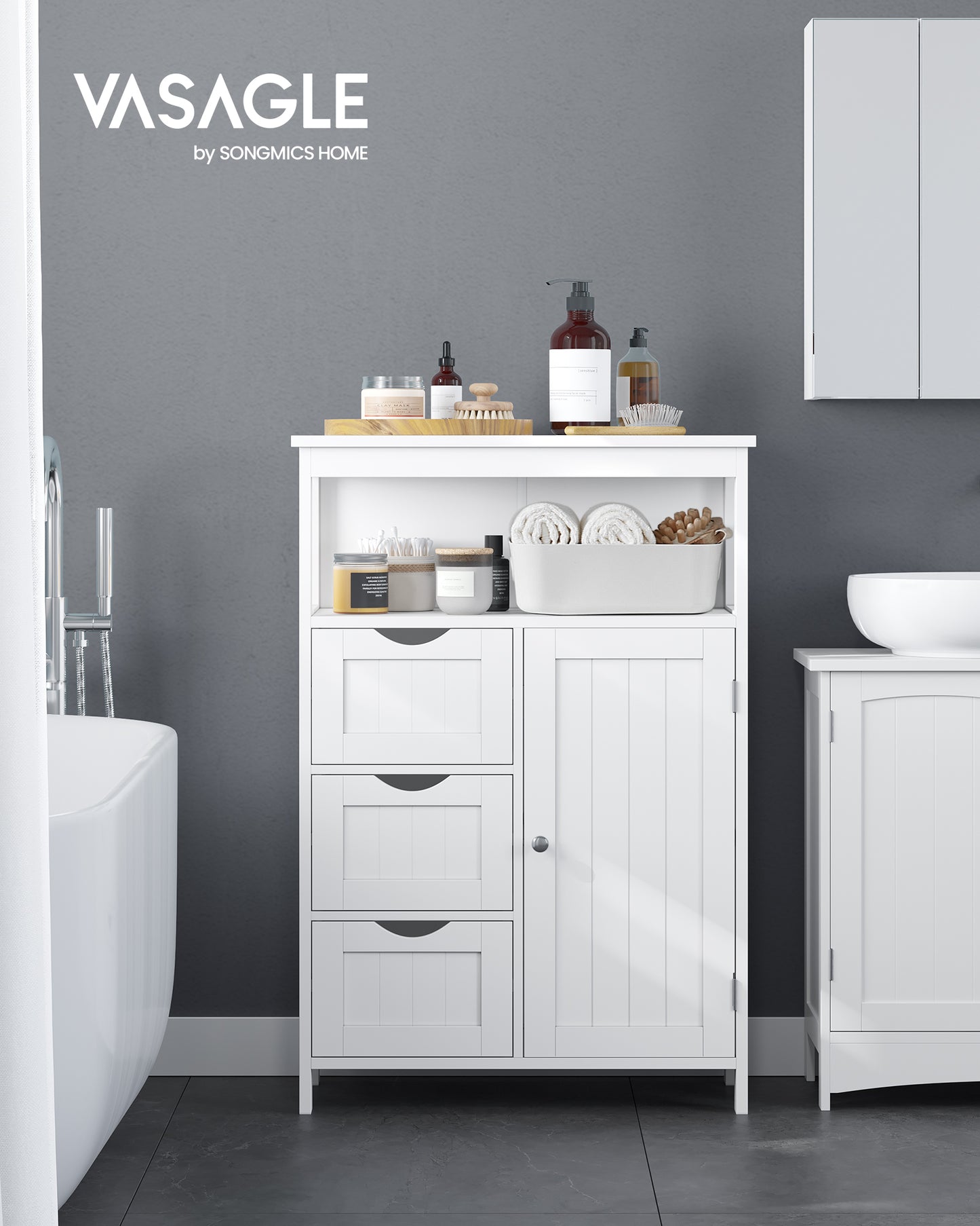 Bathroom Storage Cabinet, Bathroom Storage Unit with 3 Drawers, Bathroom Floor Cabinet Freestanding, Adjustable Shelf, 30 x 60 x 80 cm, Cloud White