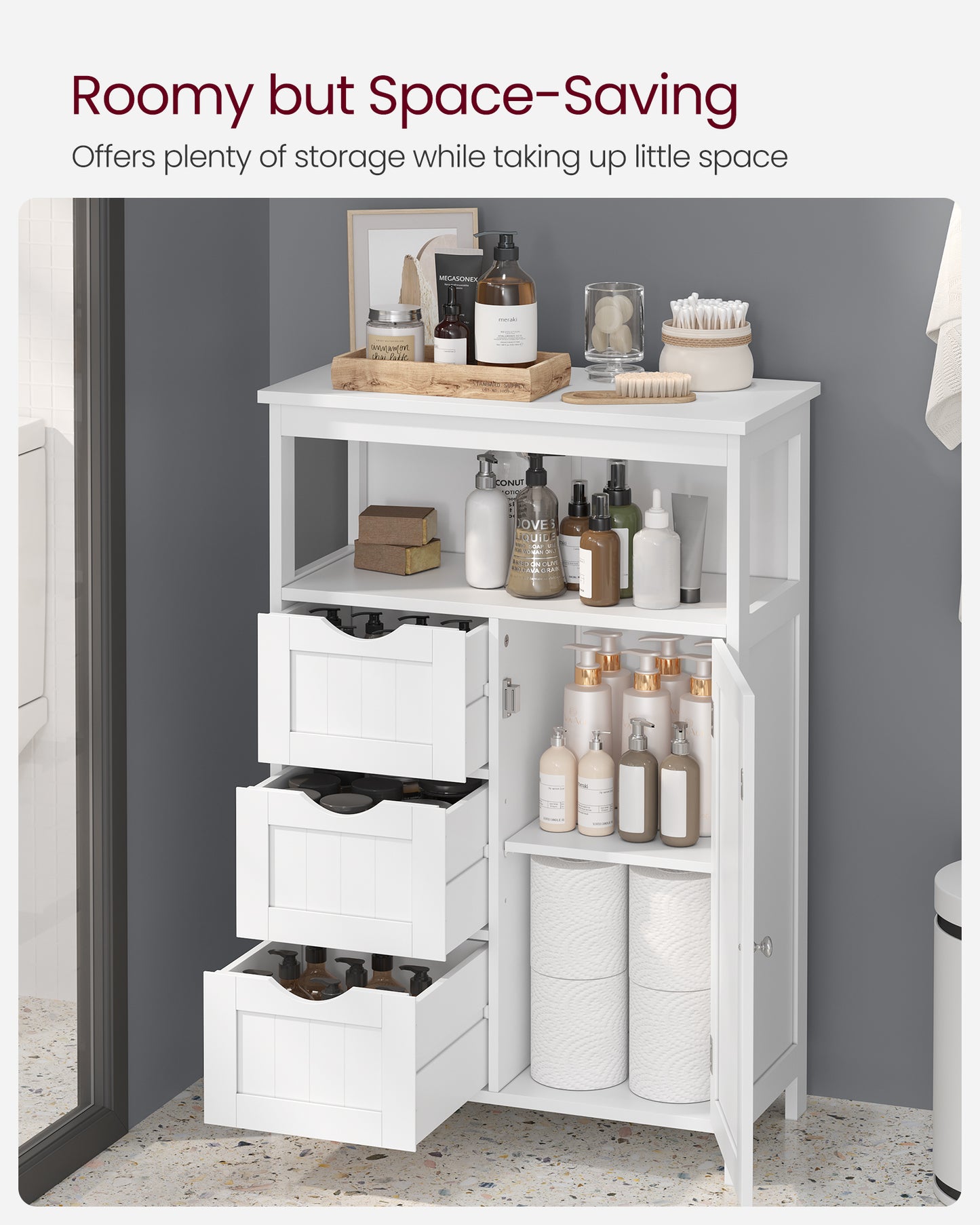 Bathroom Storage Cabinet, Bathroom Storage Unit with 3 Drawers, Bathroom Floor Cabinet Freestanding, Adjustable Shelf, 30 x 60 x 80 cm, Cloud White
