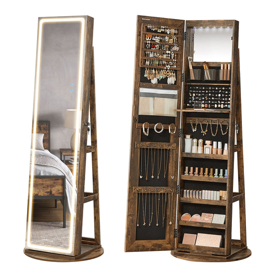 SONGMICS LED Mirror Jewelry Cabinet Standing Jewelry Armoire Organizer Box with Full-Length Mirror