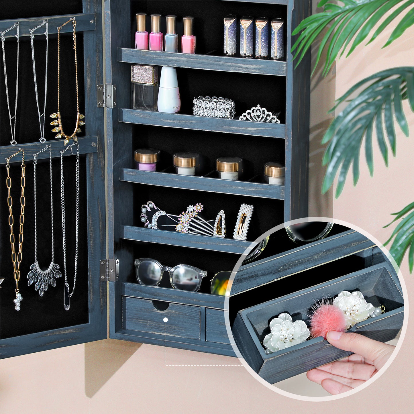 SONGMICS 6 LEDs Jewelry Cabinet, Lockable Wall/Door Mounted 47.2H