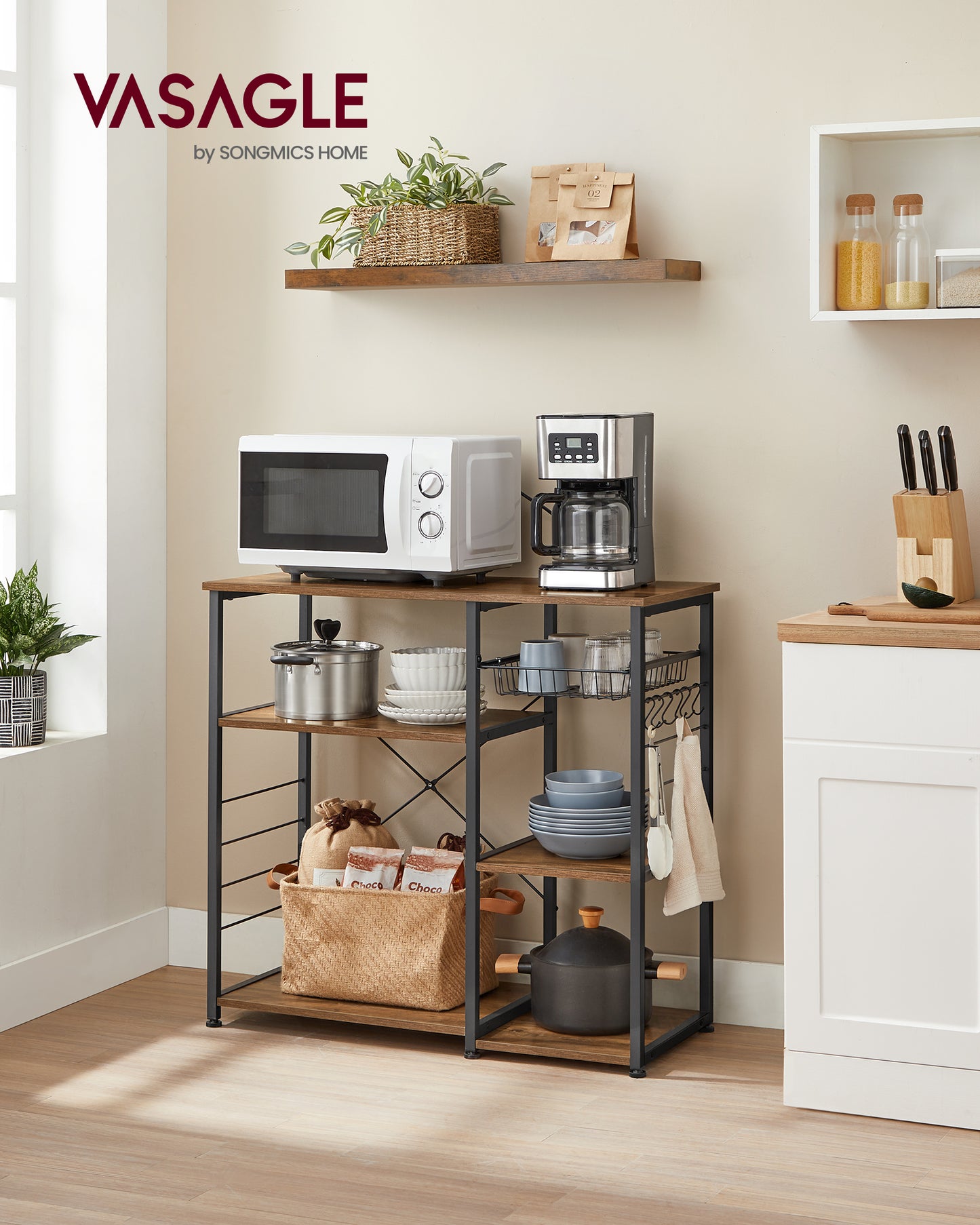 ALINRU Kitchen Baker’s Rack Coffee Bar Microwave Oven Stand 6 Hooks for Mini Oven Rustic Walnut and Black