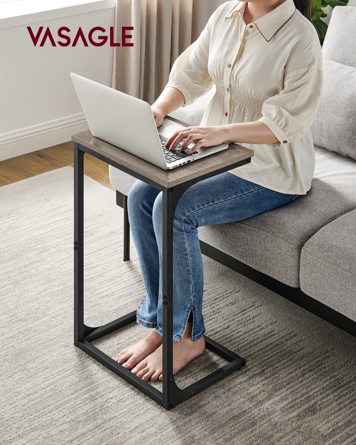 C-Shaped End Table, Side Table for Sofa, Couch Table with Metal Frame, Small TV Tray Table for Living Room, Bedroom, Greige and Black