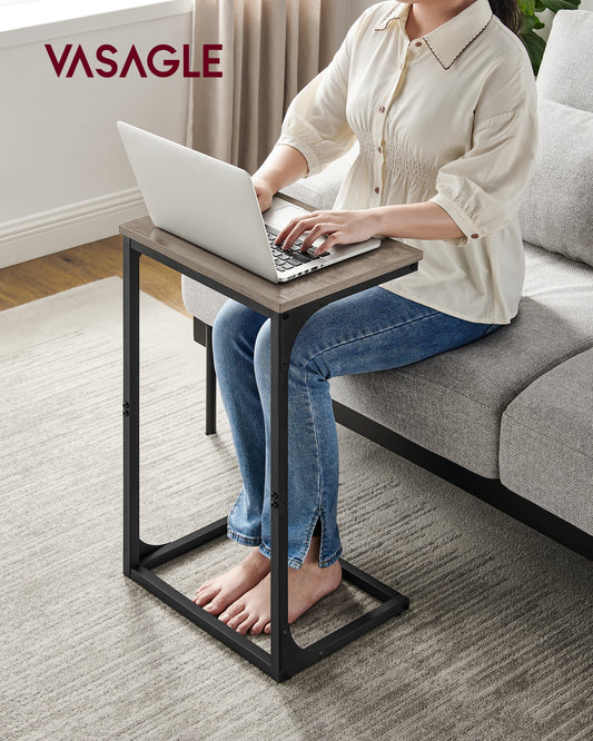C-Shaped End Table, Side Table for Sofa, Couch Table with Metal Frame, Small TV Tray Table for Living Room, Bedroom, Greige and Black