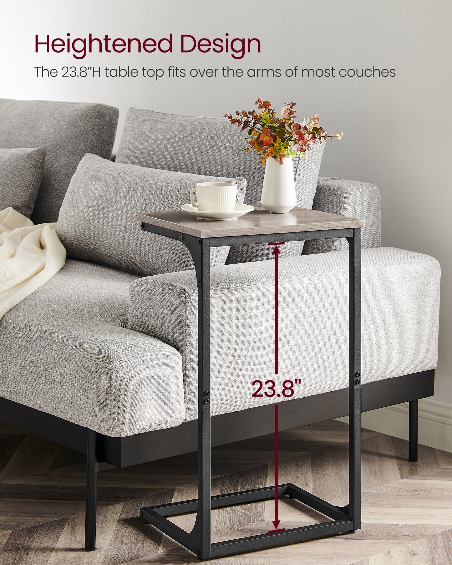 C-Shaped End Table, Side Table for Sofa, Couch Table with Metal Frame, Small TV Tray Table for Living Room, Bedroom, Greige and Black