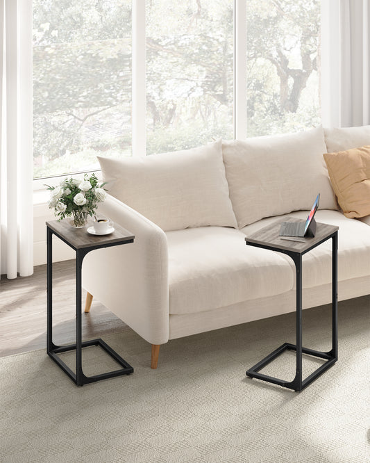 C-Shaped End Table Set, Side Table for Sofa, Couch with Metal Frame, Small TV Tray for Living Room, Bedroom, Greige and Black