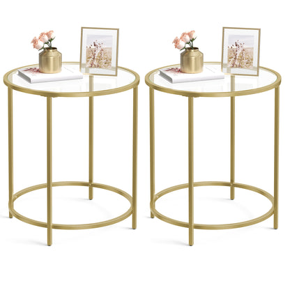 VASAGLE Round Side Tables, Set of 2, Glass End Tables Coffee Tables for Living Room Bedroom Gold