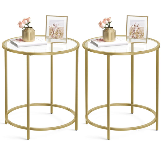 VASAGLE Round Side Tables, Set of 2, Glass End Tables Coffee Tables for Living Room Bedroom Gold