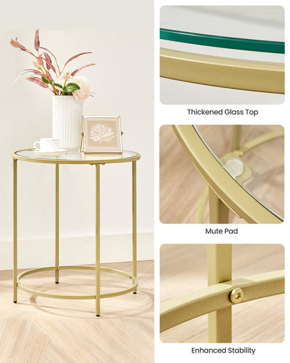 VASAGLE Round Side Tables, Set of 2, Glass End Tables Coffee Tables for Living Room Bedroom Gold