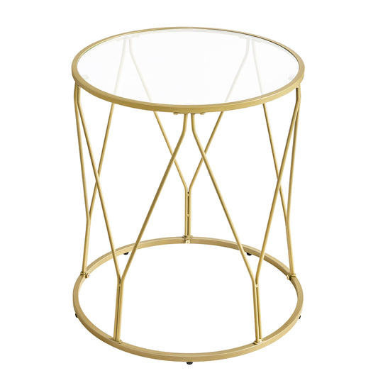 Side Table, Round End Table with Tempered Glass Top, Accent Table with Steel Frame, Modern Glam Style, Greenish Gold