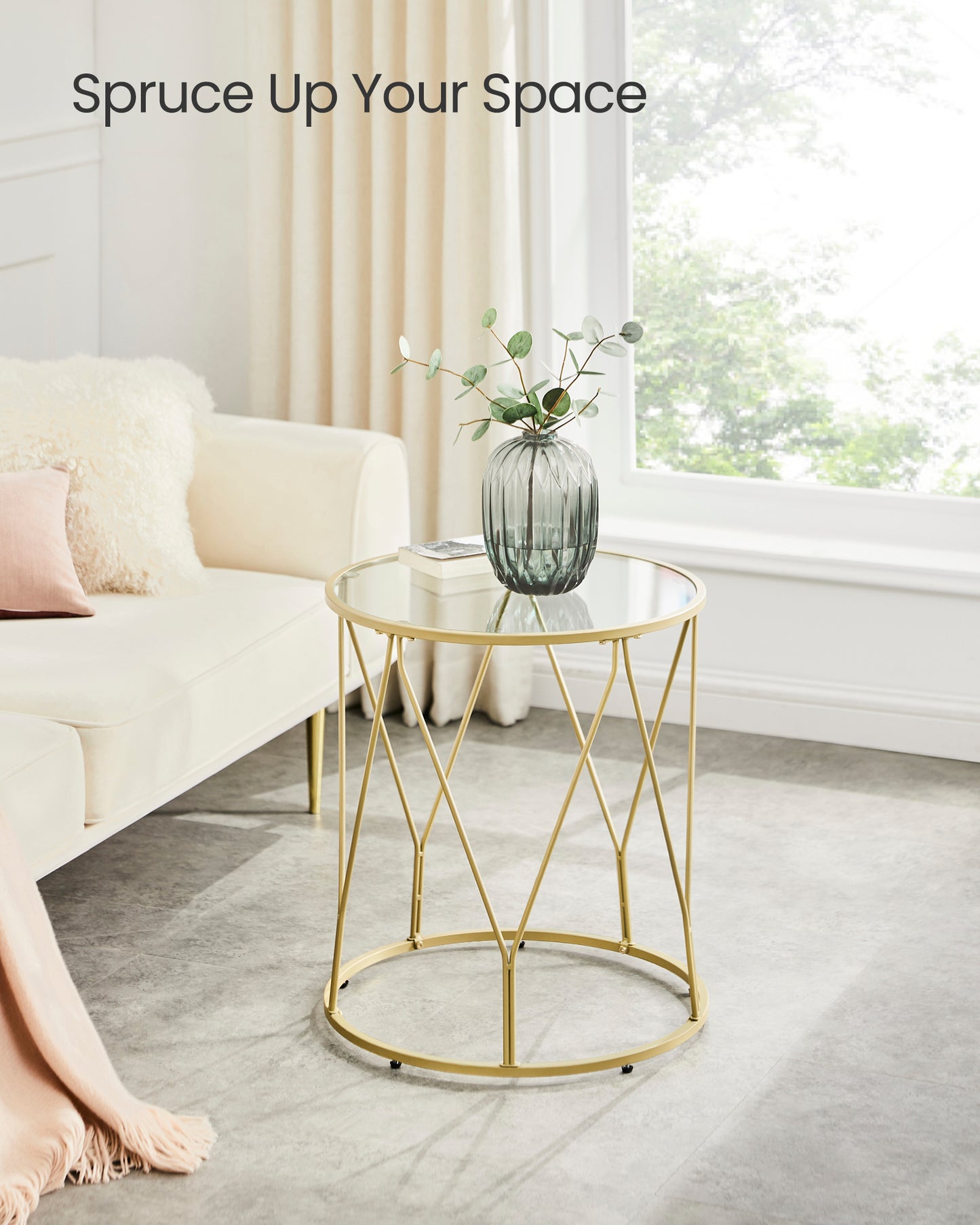 Side Table, Round End Table with Tempered Glass Top, Accent Table with Steel Frame, Modern Glam Style, Greenish Gold