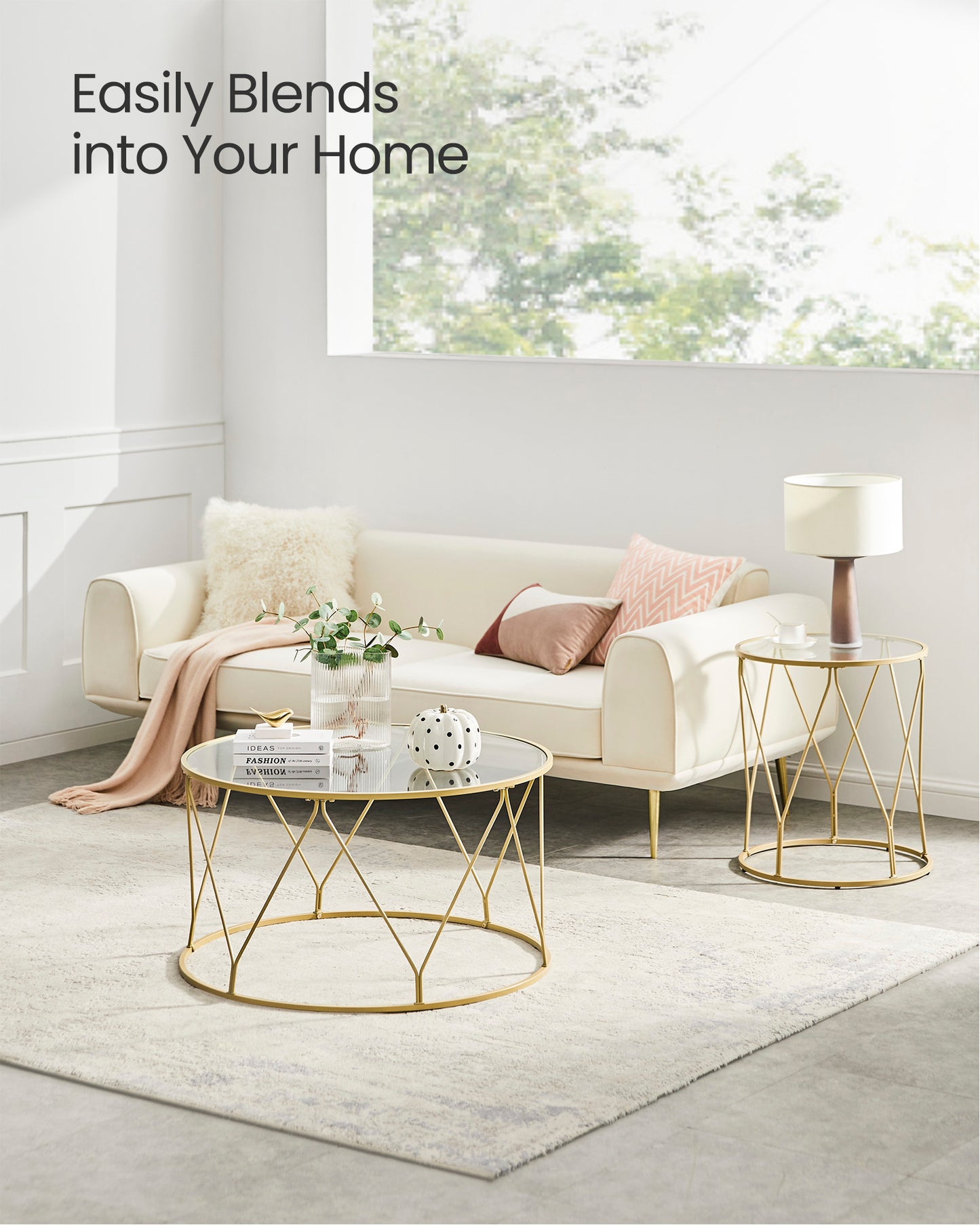 Side Table, Round End Table with Tempered Glass Top, Accent Table with Steel Frame, Modern Glam Style, Greenish Gold