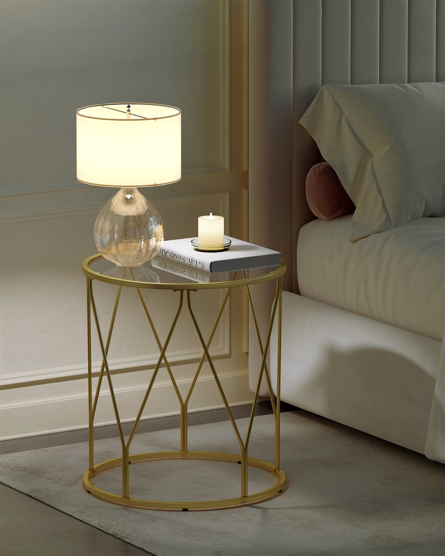 Side Table, Round End Table with Tempered Glass Top, Accent Table with Steel Frame, Modern Glam Style, Greenish Gold