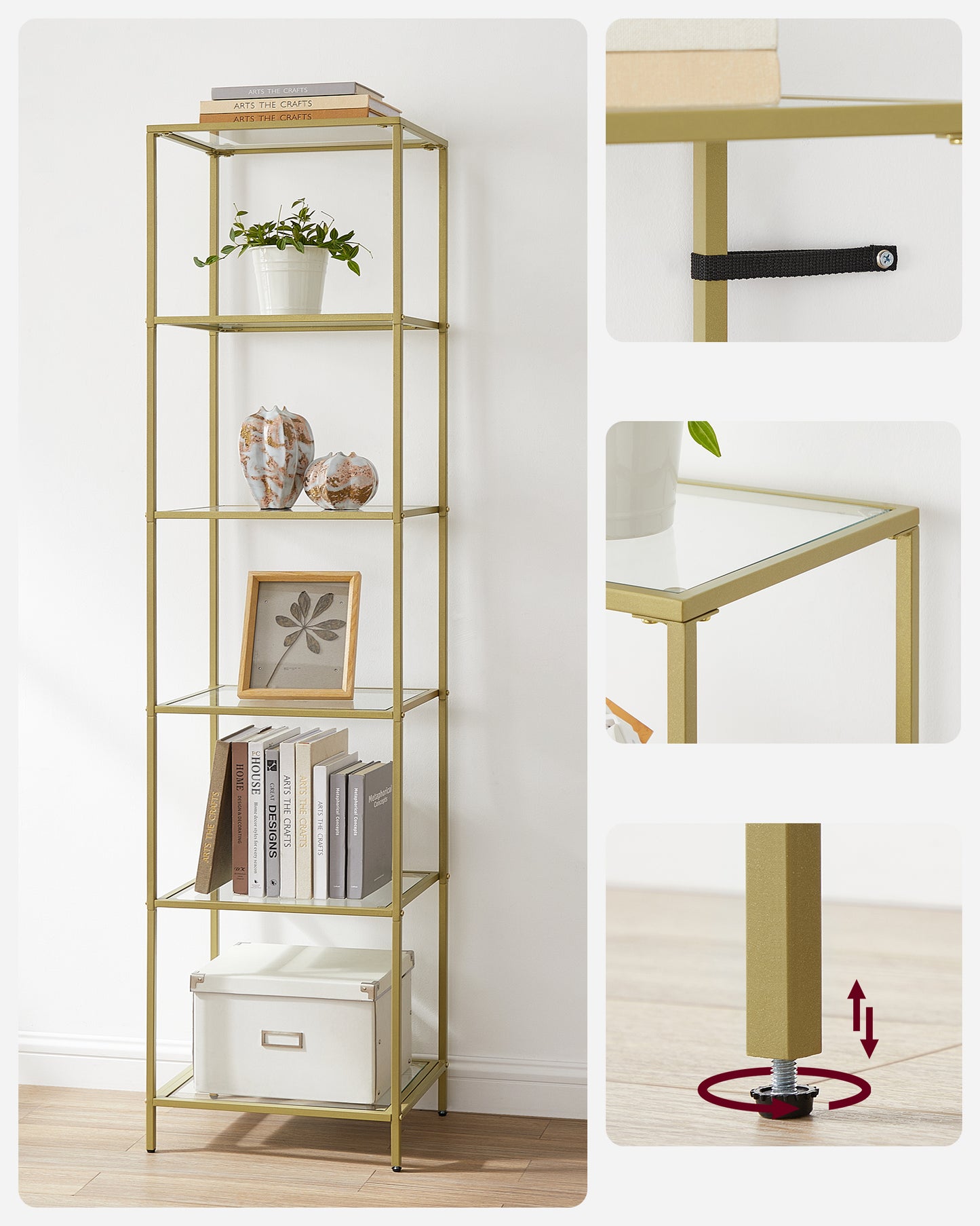 Gold Bookshelf, 6-Tier Bookcase Slim Storage Shelving for Home, Display Organizer Rack