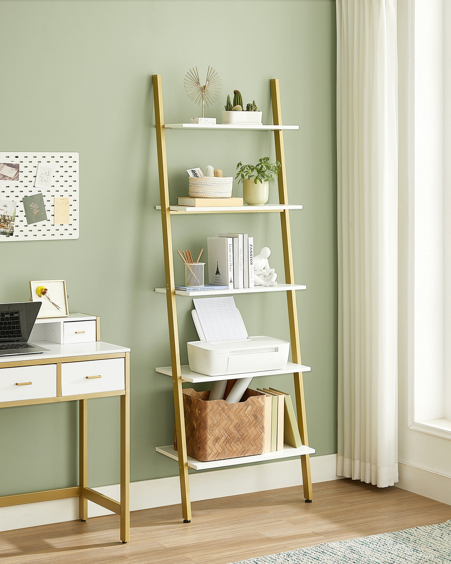 5-Tier Industrial Ladder Shelf, Leaning Wall Bookshelf with Rustic Brown Shelves, Stable Steel Storage Rack, White and Gold