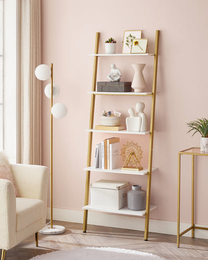 5-Tier Industrial Ladder Shelf, Leaning Wall Bookshelf with Rustic Brown Shelves, Stable Steel Storage Rack, White and Gold