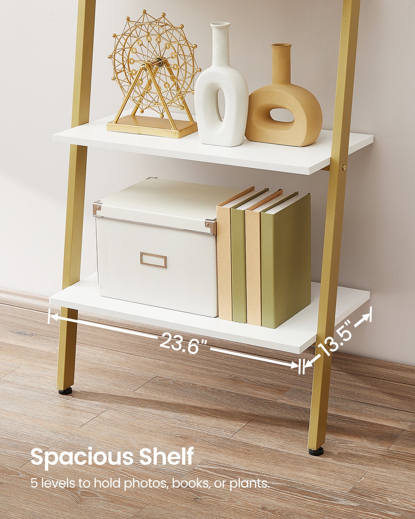 5-Tier Industrial Ladder Shelf, Leaning Wall Bookshelf with Rustic Brown Shelves, Stable Steel Storage Rack, White and Gold