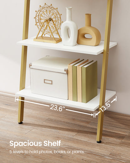 5-Tier Industrial Ladder Shelf, Leaning Wall Bookshelf with Rustic Brown Shelves, Stable Steel Storage Rack, White and Gold