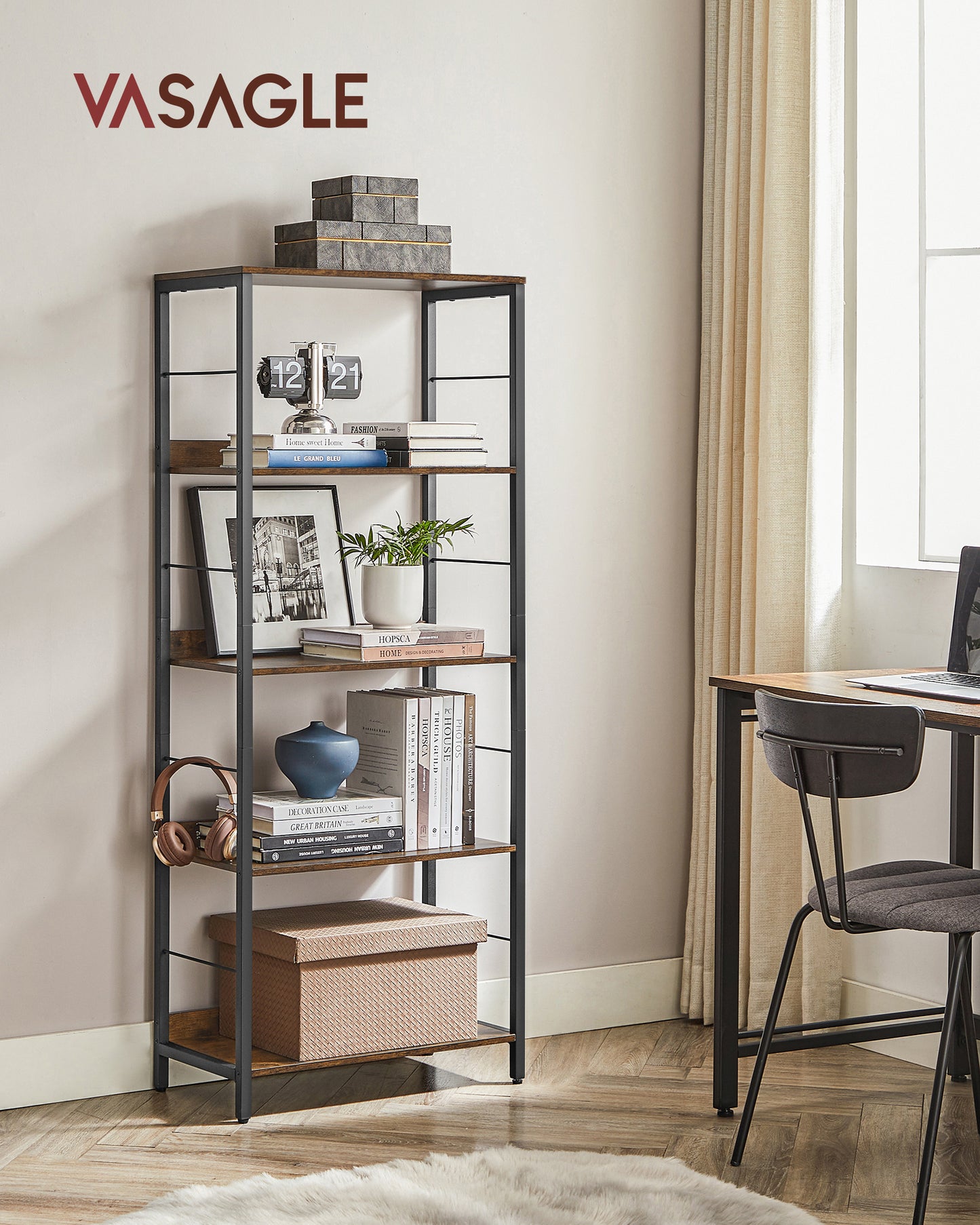 VASAGLE 5-Tier Bookshelf, Bookcase for Office, 11.8 x 23.6 x 56.7 Inches, Rustic Brown and Black