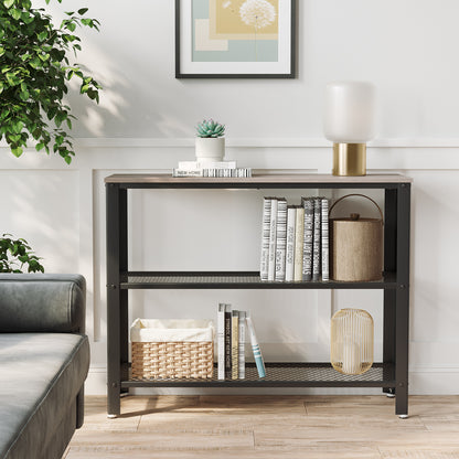 40" Industrial Console Table, 3 Tier Entryway Table with Storage Shelf, Narrow Sofa Table for Living Room, Hallway, Entrance Hall, Corridor, Bedroom, Greige and Black