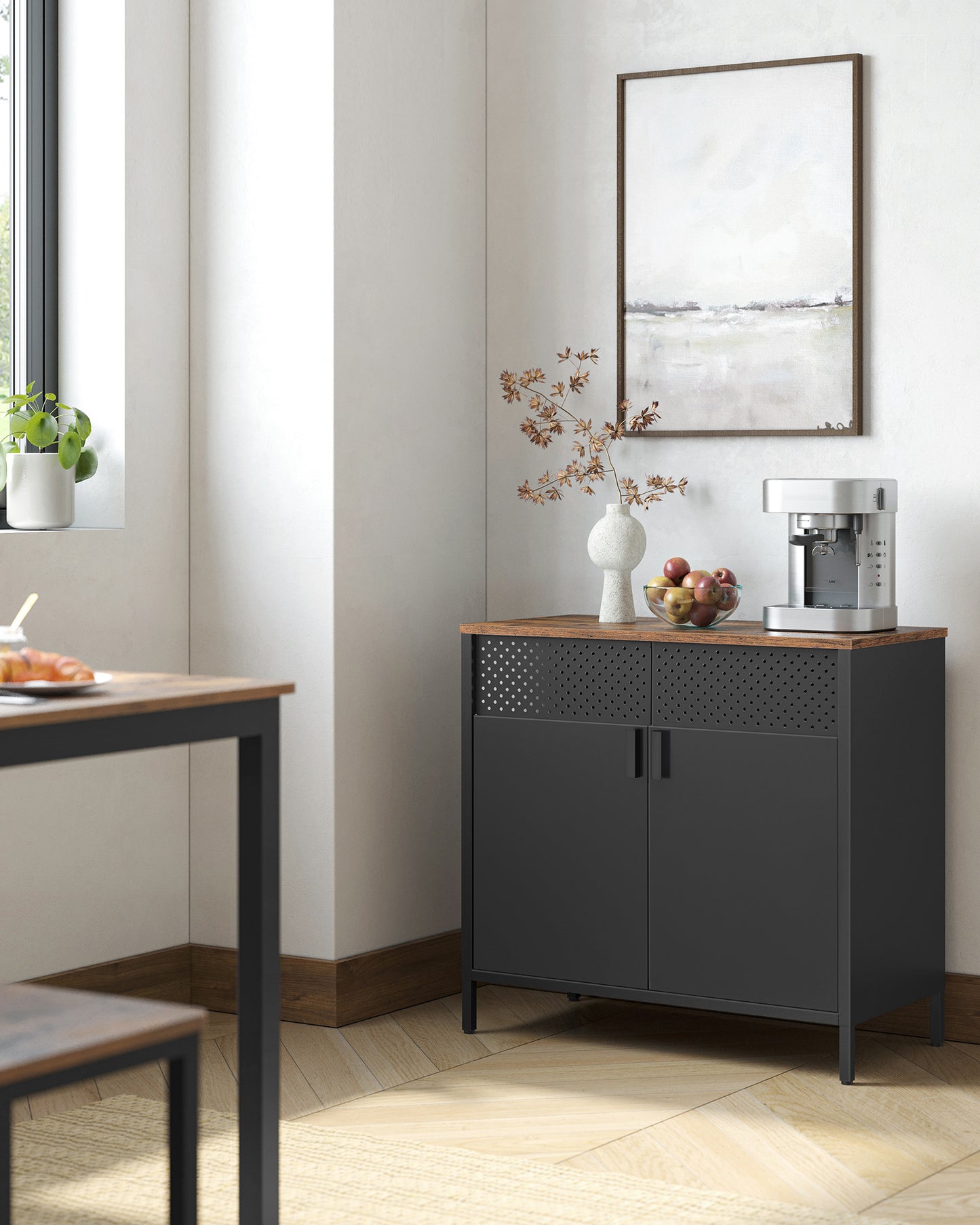 Storage Cabinet, Metal Cabinet, Sideboard with 2 Doors, 15.7 x 31.5 x 29.9 Inches, Magnetic Closure, Adjustable Shelf, Steel Frame, Rustic Brown and Black