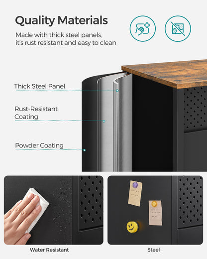 Storage Cabinet, Metal Cabinet, Sideboard with 2 Doors, 15.7 x 31.5 x 29.9 Inches, Magnetic Closure, Adjustable Shelf, Steel Frame, Rustic Brown and Black