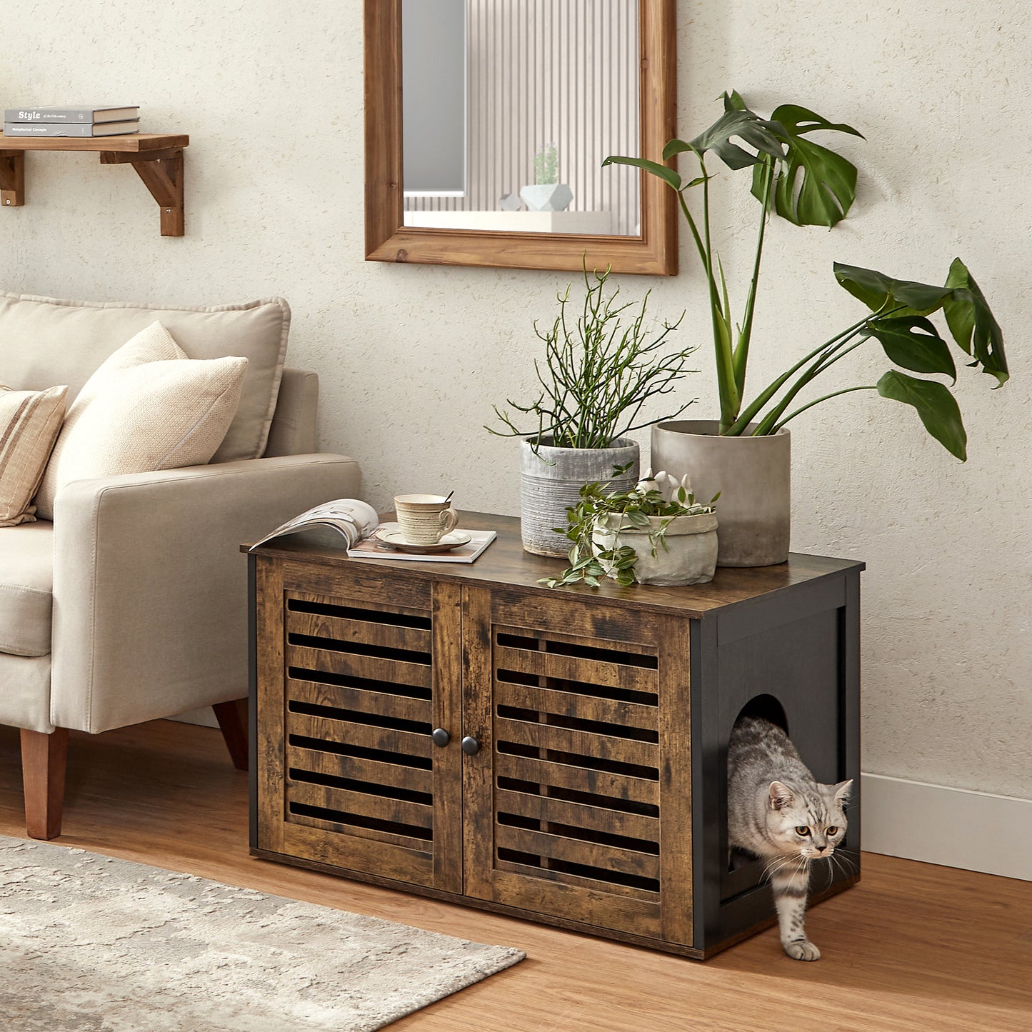 FEANDREA Cat Litter Box Enclosure Hidden, Indoor Cat House, Nightstand, End Table, Rustic Brown and Black