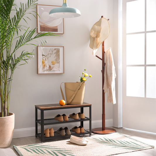 Solid Wood Coat Rack, Free Standing Hall Coat Tree with 8 Hooks, 3 Height Options, for Coats, Hats, Bags, Purses, for Entryway, Hallway, Rubberwood Hooks and Pole, Dark Walnut